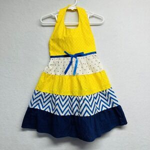 Blueberri Boulevard Dress Girls 4T Yellow White Navy Tiered Halter Eyelet New